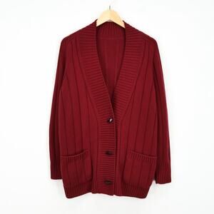 Loro Piana 100% Baby Cashmere Chunky Knit Bordeaux Red Cardigan Size 46 Flawed